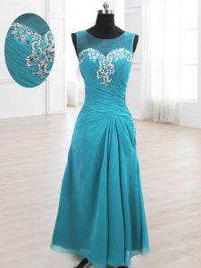 Fancy Scoop Floor Length Lace Up Evening Dress Teal for Prom and Party with Beading and Ruching