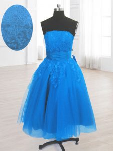 A-line Dress for Prom Blue Strapless Organza Sleeveless Knee Length Lace Up