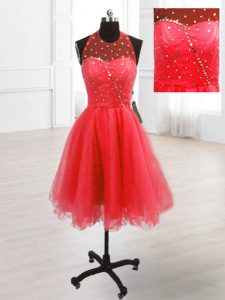 Classical Sequins Coral Red Sleeveless Organza Lace Up for Prom and Party
