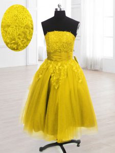 Yellow Sleeveless Embroidery Knee Length Homecoming Dress
