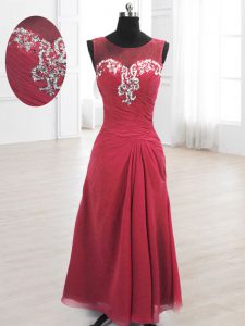 Scoop Wine Red A-line Beading and Ruching Prom Dresses Lace Up Chiffon Sleeveless Floor Length