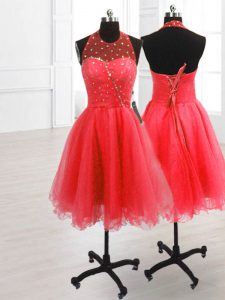 Comfortable Watermelon Red Sleeveless Knee Length Sequins Lace Up Evening Dress