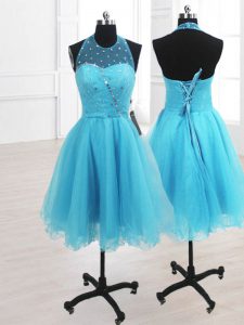 Luxurious Ruffles Prom Dresses Baby Blue Lace Up Sleeveless Knee Length