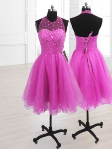 Unique Fuchsia Lace Up High-neck Sequins Dress for Prom Organza Sleeveless