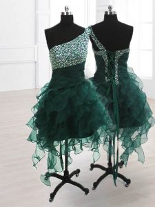 Glamorous One Shoulder Peacock Green Sleeveless Knee Length Beading and Ruffles Lace Up Evening Dress