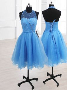 Most Popular Sequins Knee Length A-line Sleeveless Baby Blue Prom Dress Lace Up