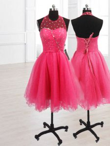Pretty Hot Pink High-neck Neckline Sequins Prom Evening Gown Sleeveless Lace Up