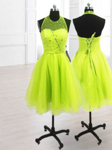 Decent Sleeveless Organza Knee Length Lace Up Prom Party Dress in Yellow Green with Sequins