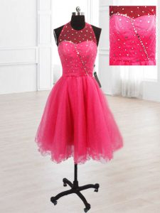Decent Organza High-neck Sleeveless Lace Up Sequins Prom Dress in Hot Pink