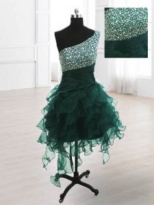 Knee Length Peacock Green Homecoming Dress One Shoulder Sleeveless Lace Up