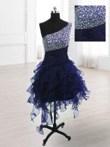 Great One Shoulder Beading Prom Dresses Navy Blue Lace Up Sleeveless Knee Length