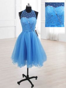 Baby Blue Organza Lace Up Prom Evening Gown Sleeveless Knee Length Sequins