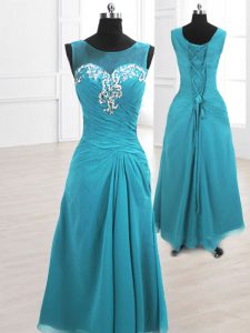 Teal A-line Scoop Sleeveless Chiffon Floor Length Lace Up Beading and Ruching Prom Evening Gown