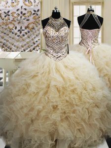 Halter Top Sleeveless Floor Length Beading and Ruffles Lace Up Quince Ball Gowns with Champagne