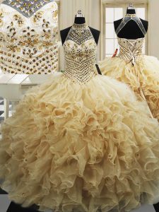 Dramatic Sleeveless Tulle With Train Sweep Train Lace Up Ball Gown Prom Dress in Champagne with Beading and Ruffles