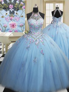 Light Blue Ball Gowns Tulle High-neck Sleeveless Embroidery Floor Length Lace Up Quinceanera Gown