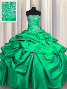 High Quality Taffeta Strapless Sleeveless Lace Up Appliques and Pick Ups 15th Birthday Dress in Turquoise