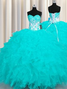 Ball Gowns Quinceanera Gown Aqua Blue Sweetheart Organza Sleeveless Floor Length Lace Up