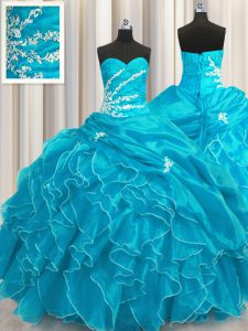 Excellent Aqua Blue Sleeveless Beading and Appliques and Ruffles Floor Length Sweet 16 Dresses