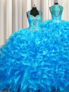 Classical Zipper Up See Through Back Straps Sleeveless Zipper Ball Gown Prom Dress Baby Blue Organza