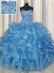 Admirable Visible Boning Sleeveless Lace Up Floor Length Beading and Ruffles Quinceanera Gown