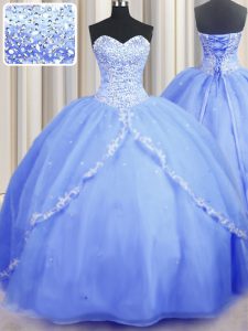 Sweetheart Sleeveless Organza Quinceanera Gown Beading and Appliques Brush Train Lace Up