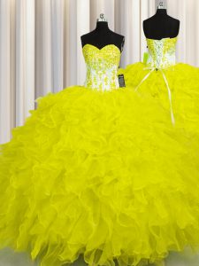 Floor Length Ball Gowns Sleeveless Yellow Quinceanera Dress Lace Up