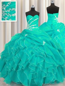 Custom Made Ball Gowns Sweet 16 Dresses Turquoise Sweetheart Organza Sleeveless Floor Length Lace Up