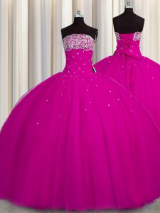 Glamorous Puffy Skirt Fuchsia Sleeveless Tulle Lace Up Quinceanera Dress for Military Ball and Sweet 16 and Quinceanera