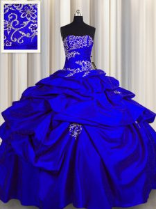 Trendy Sleeveless Floor Length Appliques and Pick Ups Lace Up Quinceanera Gown with Royal Blue