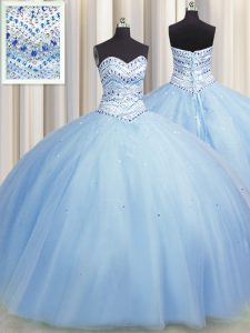 Designer Bling-bling Big Puffy Floor Length Ball Gowns Sleeveless Light Blue Quinceanera Gown Lace Up