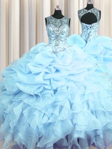 See Through Ball Gowns 15 Quinceanera Dress Light Blue Scoop Organza Sleeveless Floor Length Lace Up