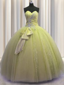 Beading and Sequins and Bowknot Quinceanera Dress Light Yellow Lace Up Sleeveless Floor Length