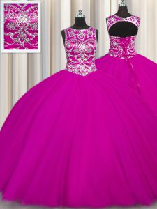 Designer Scoop Fuchsia Tulle Lace Up Quince Ball Gowns Sleeveless Floor Length Beading and Appliques