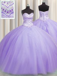 High Class Bling-bling Puffy Skirt Sweetheart Sleeveless Tulle Ball Gown Prom Dress Beading Lace Up