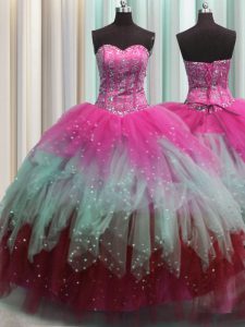 Inexpensive Visible Boning Multi-color Sleeveless Beading and Ruffles and Sequins Floor Length Sweet 16 Dresses