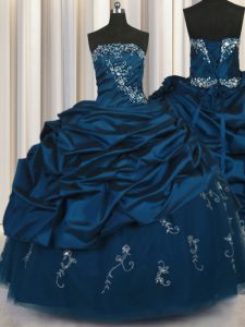 Teal Ball Gowns Beading and Appliques and Embroidery and Pick Ups Vestidos de Quinceanera Lace Up Taffeta Sleeveless Flo