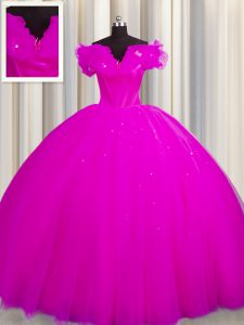 Suitable Fuchsia Ball Gowns Off The Shoulder Short Sleeves Tulle With Train Court Train Lace Up Ruching Quince Ball Gown