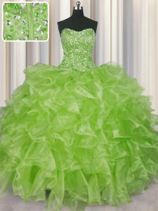 Visible Boning Yellow Green Strapless Lace Up Beading and Ruffles Quinceanera Gowns Sleeveless