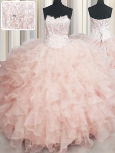 Visible Boning Scalloped Organza Sleeveless Floor Length Quinceanera Gown and Beading and Ruffles