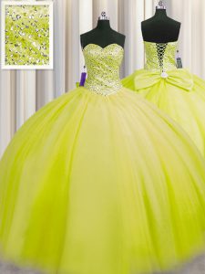 Latest Really Puffy Beading Quinceanera Gown Yellow Green Lace Up Sleeveless Floor Length