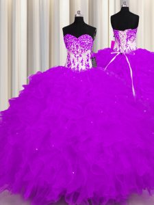 Exceptional Sleeveless Organza Floor Length Lace Up Sweet 16 Dress in Purple with Appliques and Ruffles