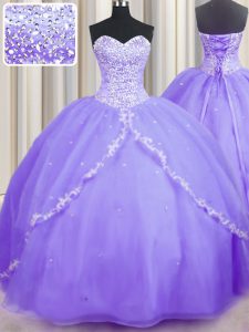 Smart Brush Train Lavender Ball Gowns Beading and Appliques 15 Quinceanera Dress Lace Up Organza Sleeveless With Train
