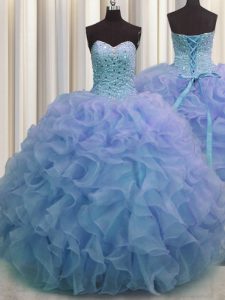 Decent Blue Ball Gowns Organza Sweetheart Sleeveless Beading and Ruffles Floor Length Lace Up 15th Birthday Dress