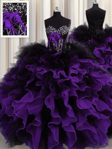Top Selling Sweetheart Sleeveless 15 Quinceanera Dress Floor Length Beading and Ruffles Black And Purple Organza and Tul
