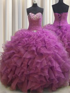 Simple Beaded Bust Fuchsia Sleeveless Floor Length Beading and Ruffles Lace Up Quinceanera Gown