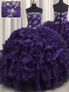 Purple Lace Up Strapless Appliques and Ruffles and Ruffled Layers Quince Ball Gowns Organza Sleeveless