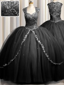 Superior Zipple Up Black Tulle Zipper Sweetheart Cap Sleeves 15 Quinceanera Dress Brush Train Beading and Appliques