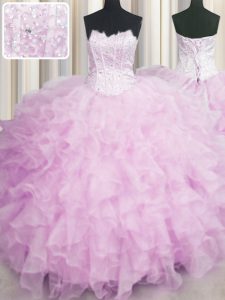 Elegant Visible Boning Scalloped Sleeveless Organza Floor Length Lace Up Sweet 16 Quinceanera Dress in Pink with Beading