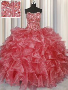 Modern Visible Boning Sleeveless Floor Length Beading and Ruffles Lace Up Quince Ball Gowns with Coral Red